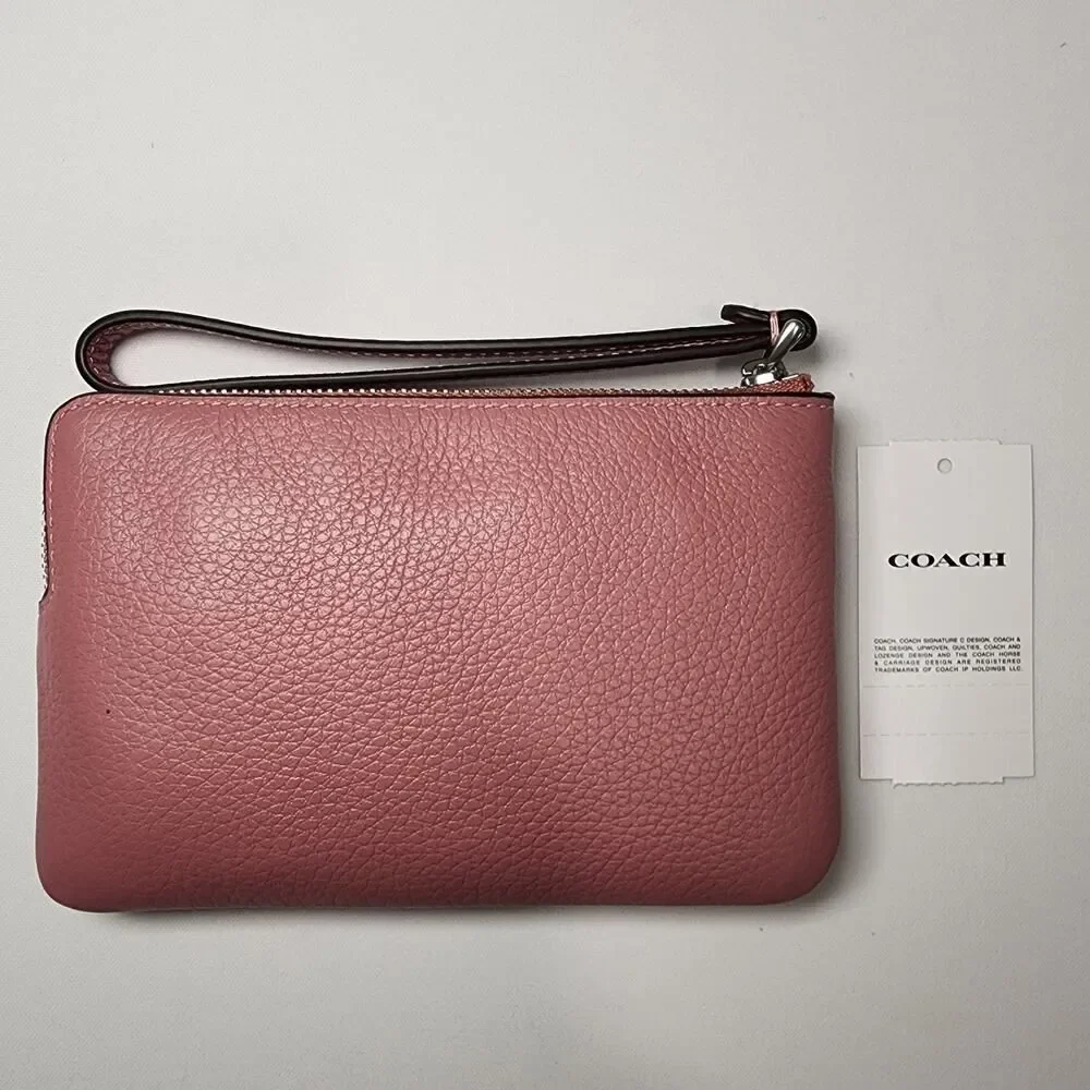 NWT COACH CDF06 Corner Zip Wristlet Heart Rivets Leather Silver/Peony Pink